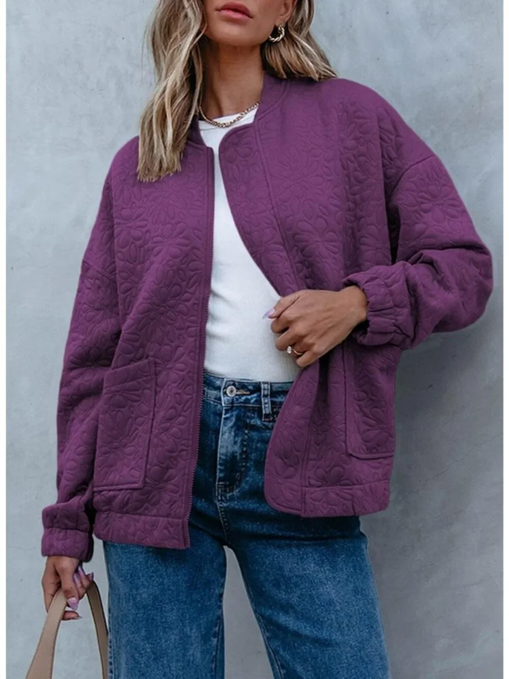 Women's Purple Lightweight Stand Collar Long Sleeve Outerwear Bomber Jacket